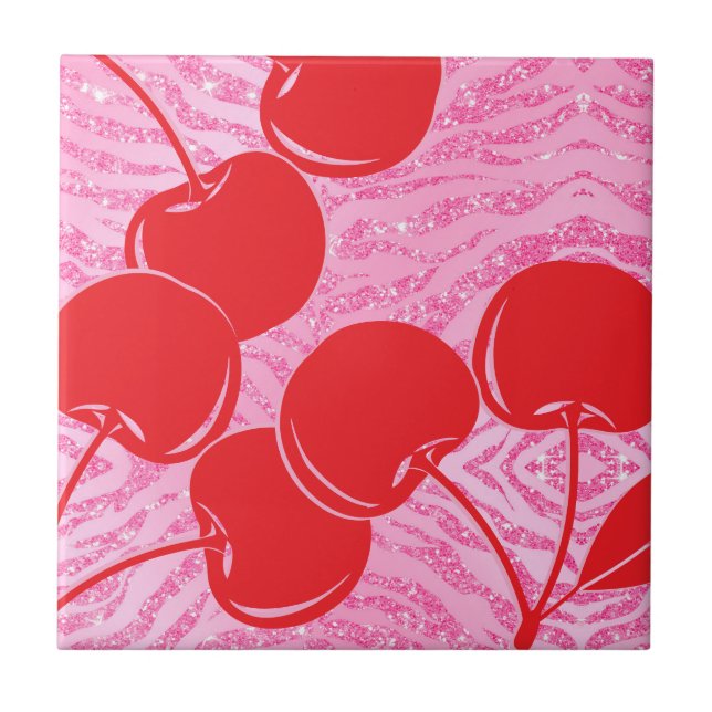 Rosa Glitzer Zebra Cherries Fliese (Vorderseite)