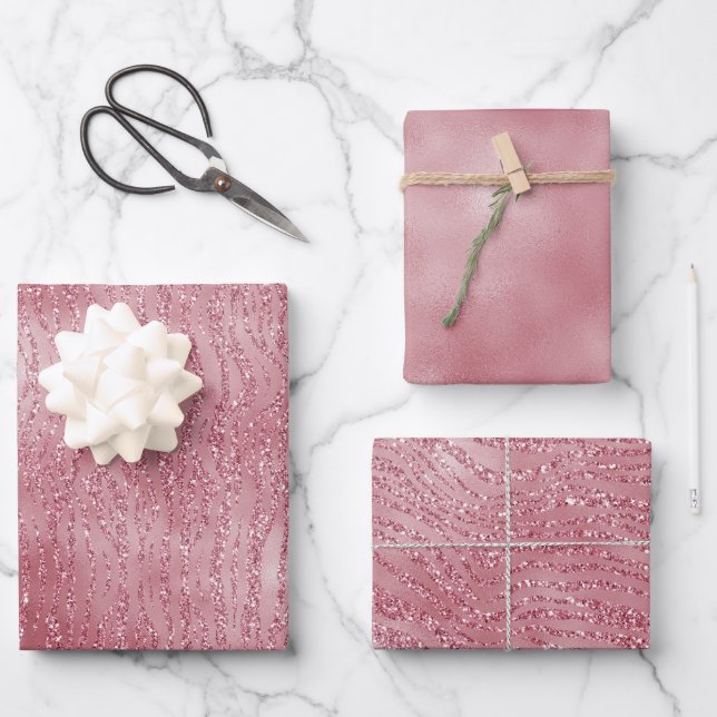 Rosa Glitzer Zebra Geschenkpapier Set (Vorderseite)