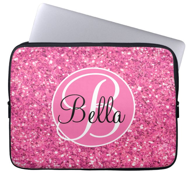Rosa glitzerndes Glitzer mit Monogramm Laptopschutzhülle (Vorderseite)