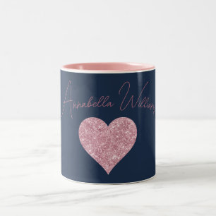 Rosa-glitzerndes Herz auf Navyblau Zweifarbige Tasse