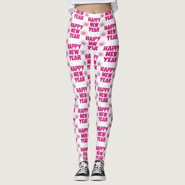 Rosa glückliches neues Jahr Feuerwerk Leggings (Vorderseite)