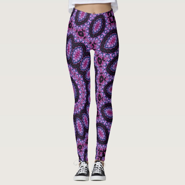 Rosa Glühen Blacklight Raveneonmandala Leggings (Vorderseite)