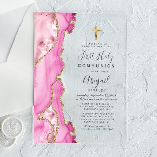 Rosa Gold Achat Mädchen Erste Heilige Kommunion Acryleinladungen