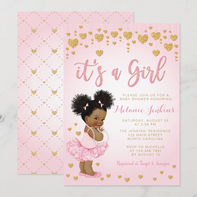 Rosa Gold African American Baby Shower Einladung (Vorne/Hinten)