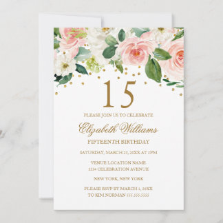 Rosa Gold Aquarellblume 15. Geburtstag Einladung