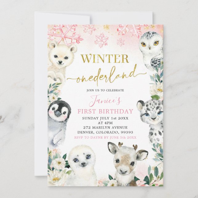 Rosa Gold Arctic Animal Winter Onederland First Einladung (Vorderseite)
