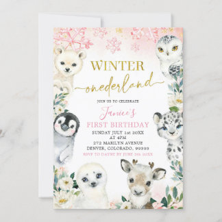 Rosa Gold Arctic Animal Winter Onederland First Einladung