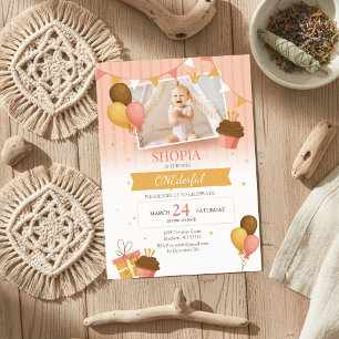Rosa Gold Baloon mit Foto 1. Geburtstag Einladung