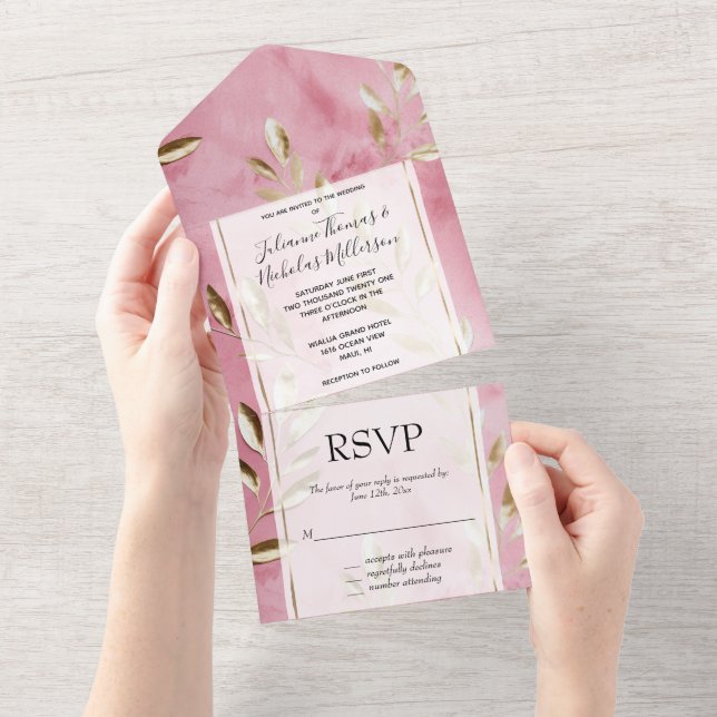Rosa Gold Blätter Hochzeit All In One Einladung (Abreißen)