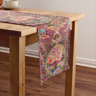 Rosa Gold Blau Persisch Floral Blumen Pfau Kunst Großer Tischläufer