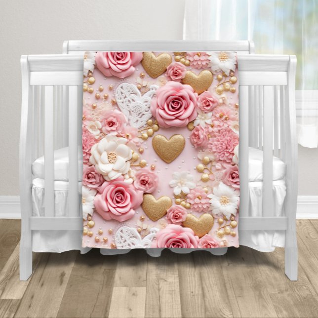Rosa Gold Blumen Herz Fleecedecke (Sweet gold hearts and roses baby blanket. You can add text and a color to the backside.)