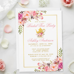 Rosa Gold Blumen Hochzeitsdusche-Teeparty-Einladun Einladung