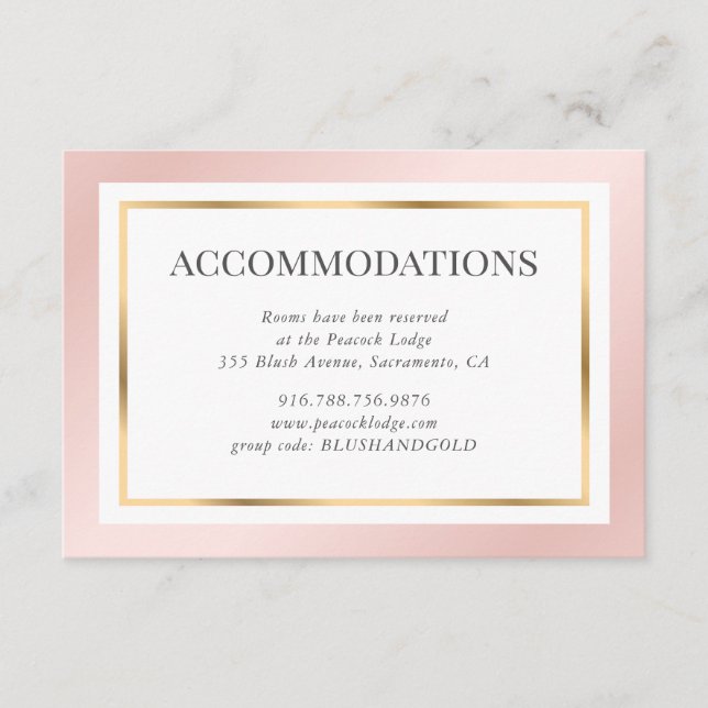 Rosa Gold Blush Elegante Hochzeitsunterkunft Begleitkarte (Vorderseite)