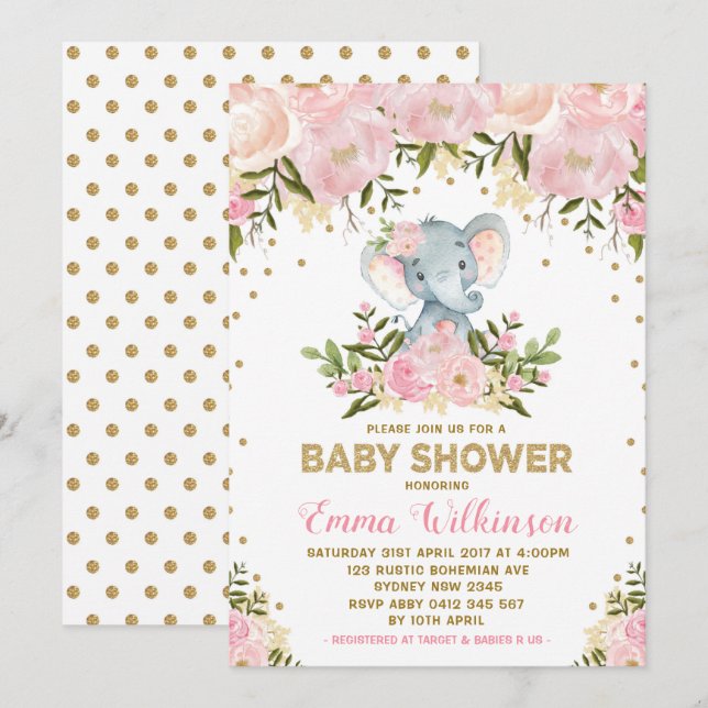 Rosa & Gold Blütendusche Elefant Baby Einladung (Vorne/Hinten)