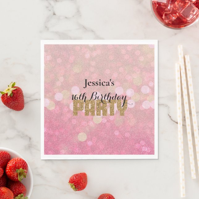 Rosa Gold Bokeh Glitter Geburtstag Serviette (Beispiel)