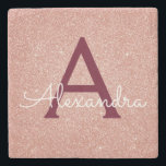 Rosa Gold Burgund Glitzer und Sparkle Monogramm Steinuntersetzer<br><div class="desc">Rosa Rose Gold und Burgund Imitate Glitzer und Sparkle Elegant Stone Tile. Diese Stone Tiles können so angepasst werden,  dass sie Ihren Anfangs- und Vornamen enthalten.</div>