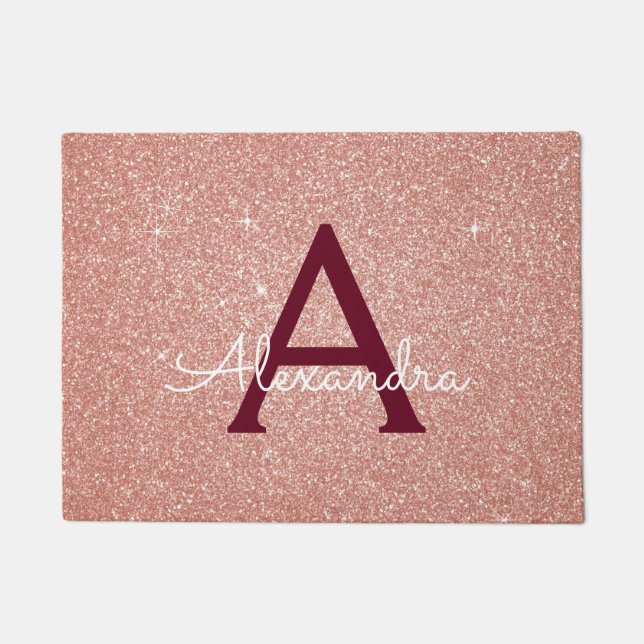 Rosa-Gold-Burgund-Sparkle-Glitzer Monogram Fußmatte (Vorderseite)