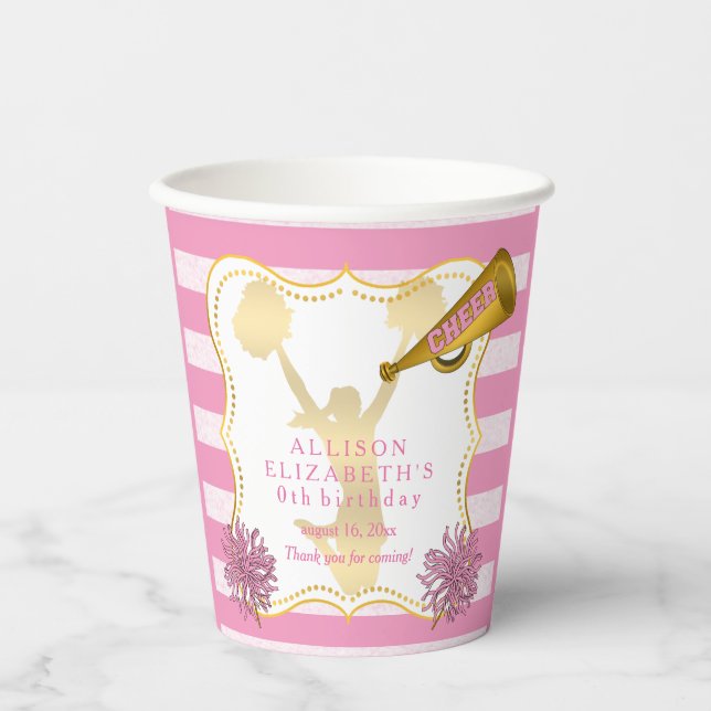 Rosa | Gold Cheerleader Girl Birthday Party Pappbecher (Vorderseite)