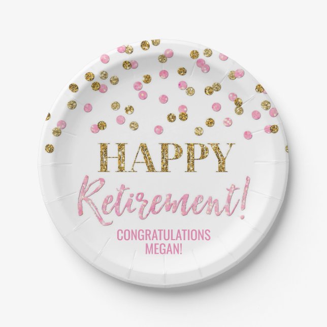 Rosa Gold Confetti Happy Retirement Pappteller (Vorderseite)