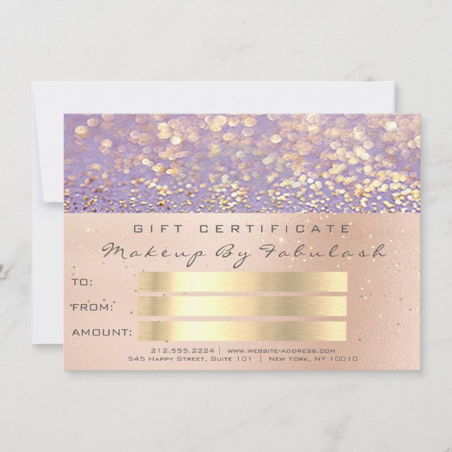 Rosa-Gold-Confetti-Lila Makeup-Geschenkkarte (Vorderseite)