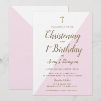 Rosa Gold Cross Christening 1. Geburtstag kombinie Einladung