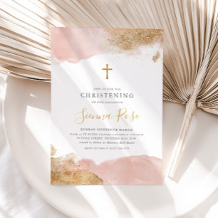 Rosa Gold Cross Girls Taufe Christening Einladung