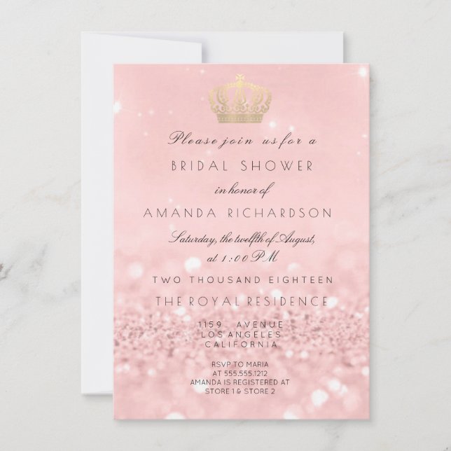 Rosa Gold Crown Royal Glitzer Brautparty Einladung (Vorderseite)