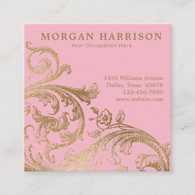 Rosa Gold Damask Barockwirl Quadratische Visitenkarte (Vorderseite)