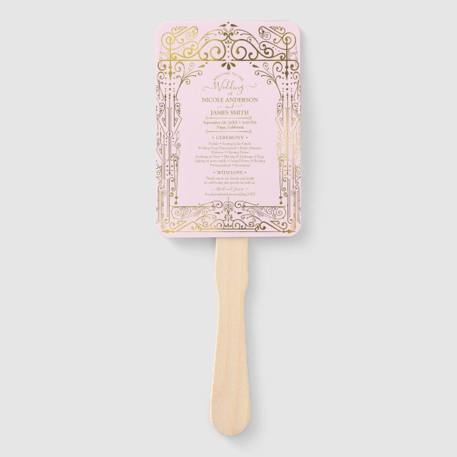 Rosa Gold Deco Chic Glam Hochzeitsprogramm Handfäc Fächer (Vorderseite)