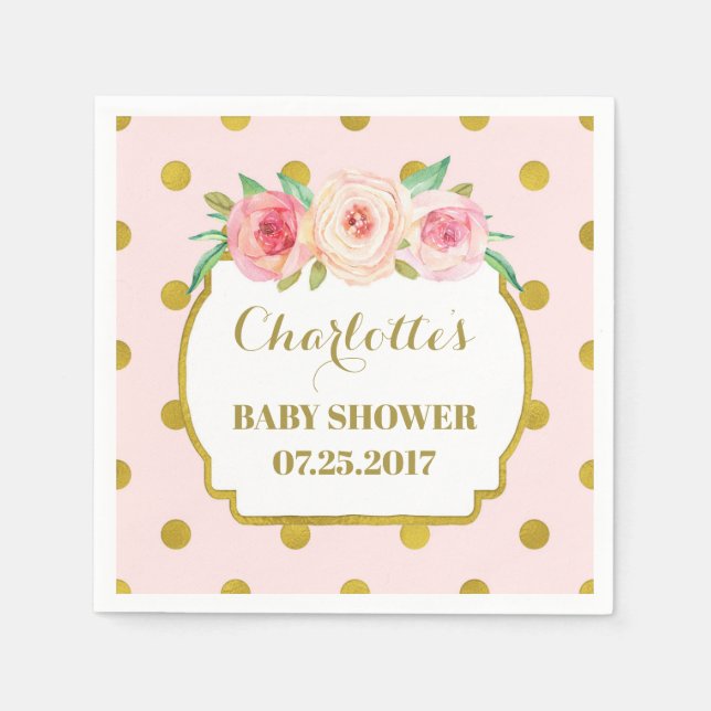 Rosa Gold Dots Blush Bloral Baby Dusche Serviette (Vorderseite)