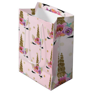 Rosa & Gold Einhorn Blumen-Horn Geburtstagsfeier Mittlere Geschenktüte