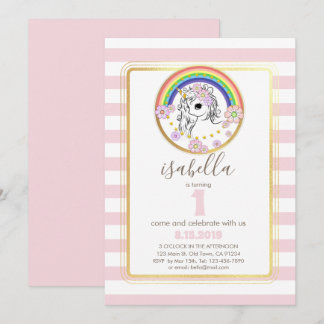 Rosa Gold Einhorn Einladung zum ersten Geburtstag