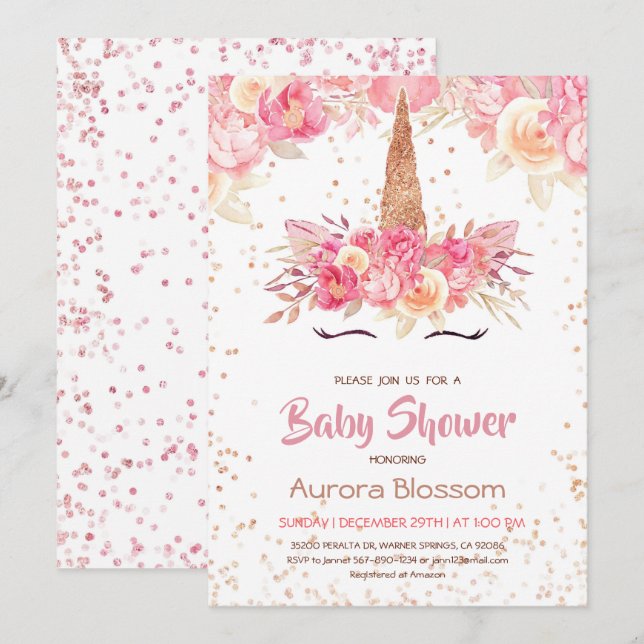 Rosa & Gold Einhorn Kinderdusche Einladung (Vorne/Hinten)