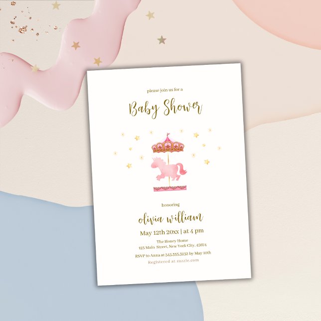 Rosa Gold Elegante Carousel Carnival Baby Dusche Einladung (Pink Gold Elegant Carousel Carnival Baby Shower Invitation)