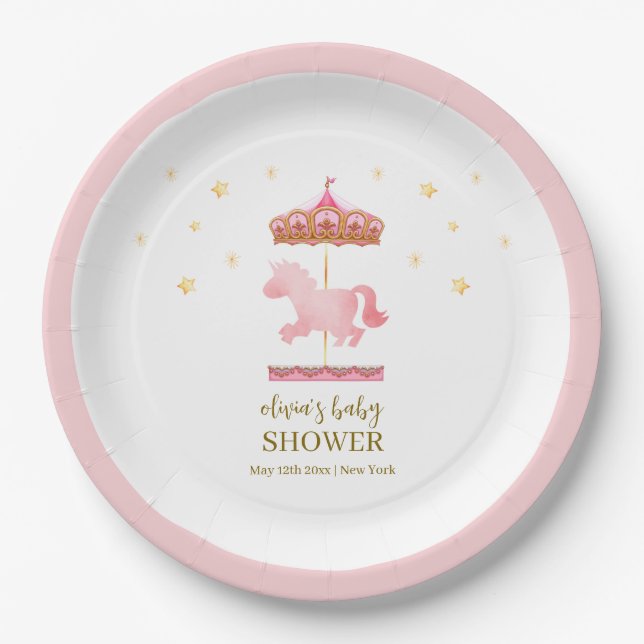 Rosa Gold Elegante Carousel Carnival Baby Dusche Pappteller (Vorderseite)