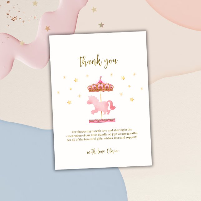 Rosa Gold Elegante Magical Carousel Baby Dusche Dankeskarte (Pink Gold Elegant Magical Carousel Baby Shower Thank You Card)