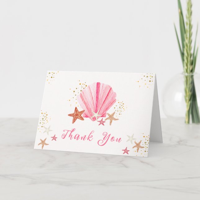 Rosa Gold Elegante Starfish Seashell Baby Dusche Dankeskarte (Vorderseite)