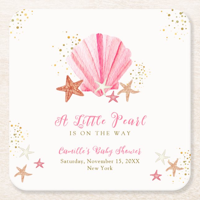 Rosa Gold Elegante Starfish Seashell Baby Dusche Rechteckiger Pappuntersetzer (Vorderseite)