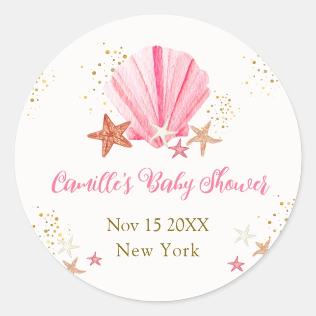 Rosa Gold Elegante Starfish Seashell Baby Dusche Runder Aufkleber (Vorderseite)