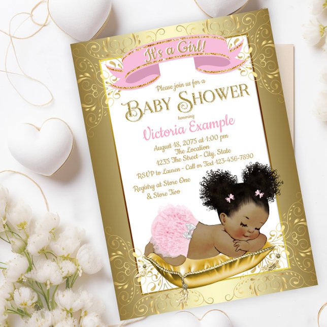 Rosa Gold Ethnic Girl Baby Shower Einladungen (Adorable baby pink gold baby shower invitation with sweet sleeping baby girl. )