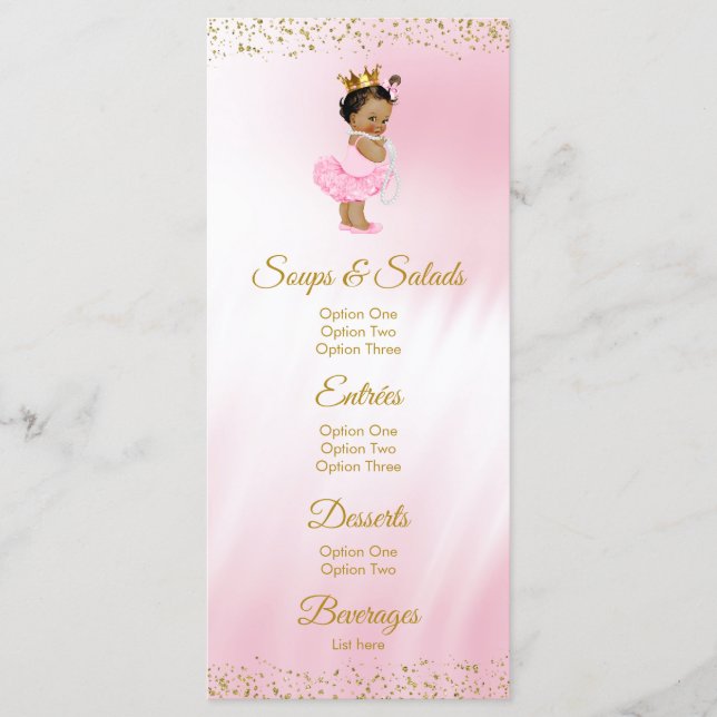 Rosa Gold Ethnic Princess Baby Showmenü Menükarte (Vorderseite)