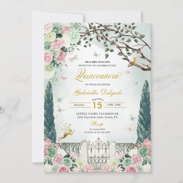 Rosa Gold Fee Verzauberter Garten Quinceanera Einladung (Vorderseite)