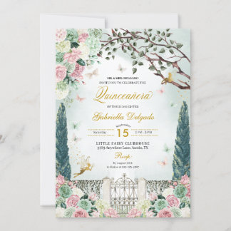 Rosa Gold Fee Verzauberter Garten Quinceanera Einladung
