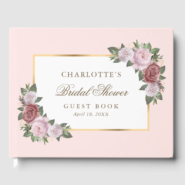 Rosa Gold Floral Brautparty Gästebuch (Vorderseite)
