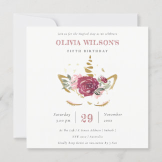 Rosa Gold Floral Einhorn jedes Alters Geburtstag E Dankeskarte