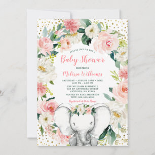 Rosa Gold Floral Elefant Mädchen Baby Shower Einladung