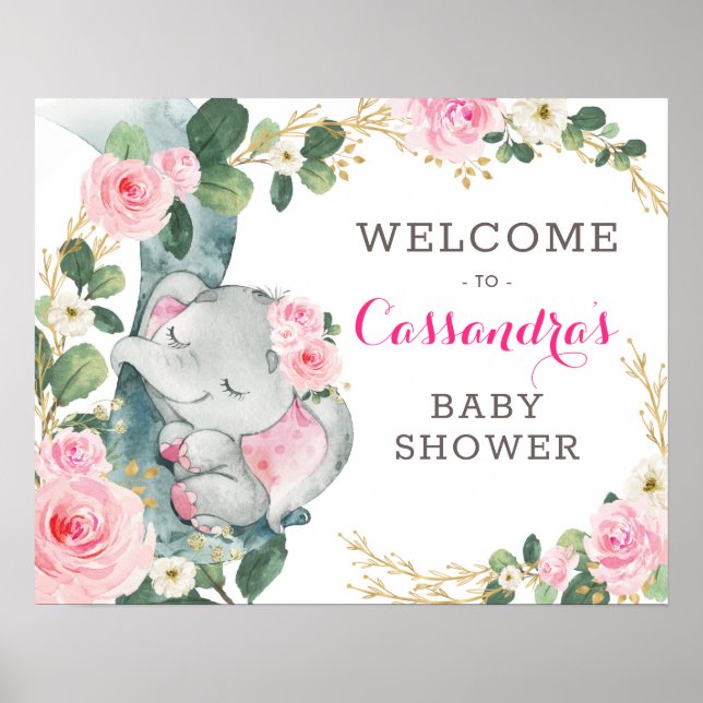 Rosa Gold Floral Elephant Eukalyptus Willkommen Poster (Vorne)