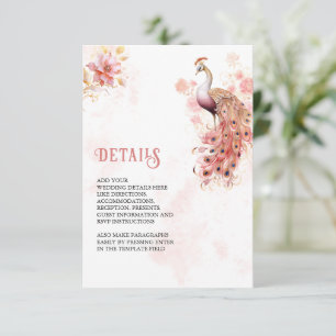 Rosa Gold Floral Indischer Pfau Hochzeitsdetails Begleitkarte
