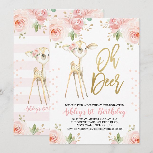 Rosa Gold Floral Oh Deer Geburtstag Einladung (Vorne/Hinten)