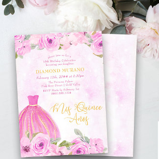 Rosa Gold Floral Princess Dress Mis Quince Anos Einladung